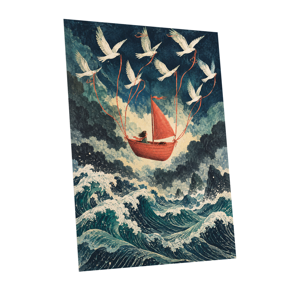 Above the Restless Sea, blue, green, red nature wall art shown as a unframed poster wall art print