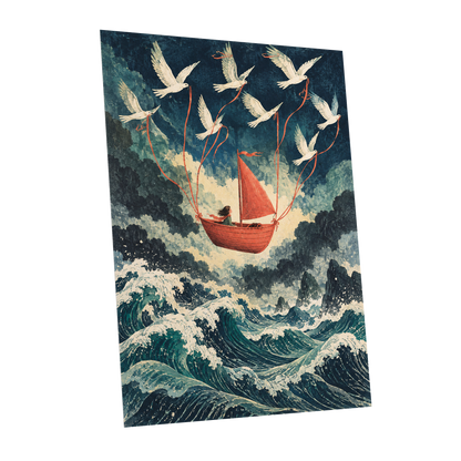 Above the Restless Sea, blue, green, red nature wall art shown as a unframed poster wall art print