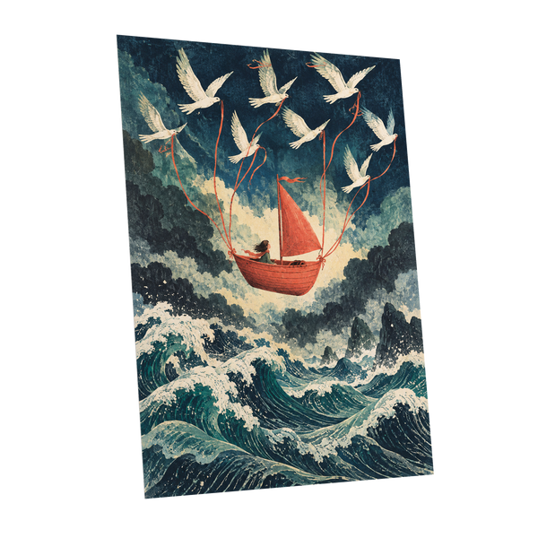 Above the Restless Sea, blue, green, red nature wall art shown as a unframed poster wall art print