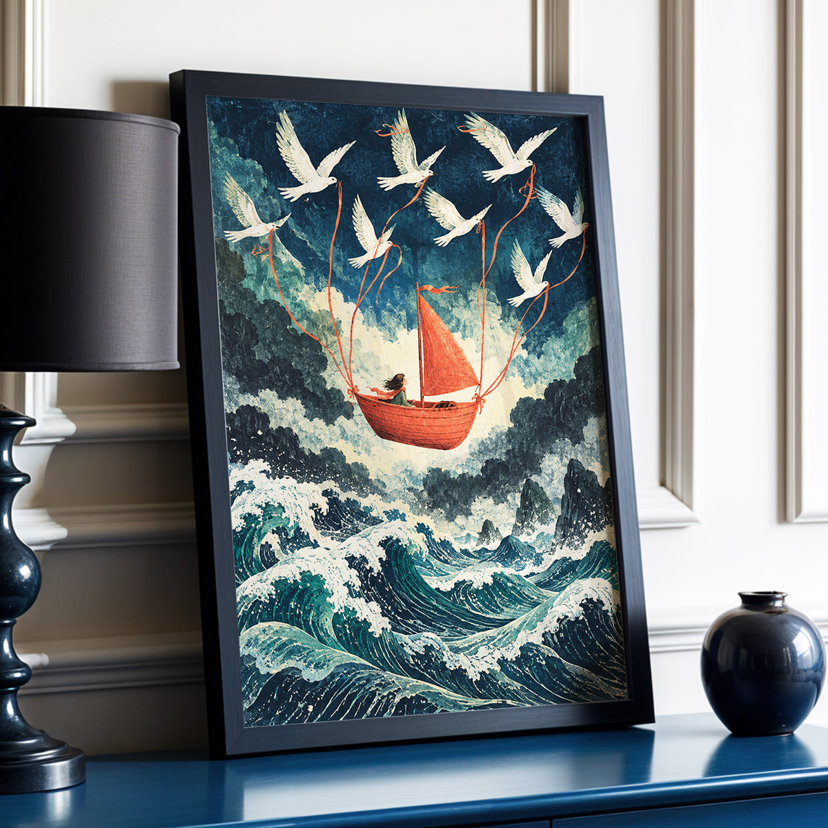 Above the Restless Sea, blue, green, red nature wall art displayed in a styled interior, gallery view 2