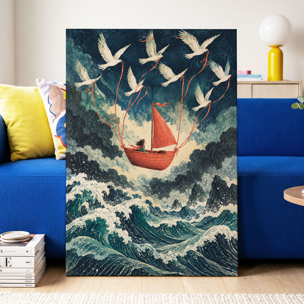 Above the Restless Sea, blue, green, red nature wall art displayed in a styled interior, gallery view 3