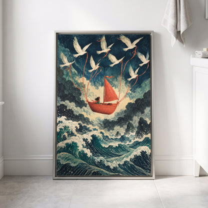 Above the Restless Sea, blue, green, red nature wall art displayed in a styled interior, gallery view 4