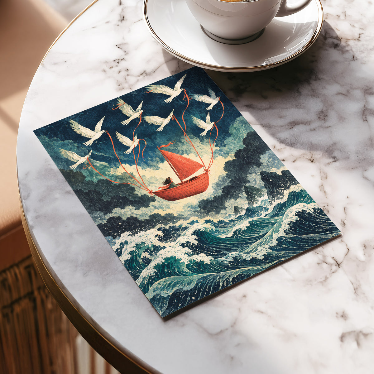 Above the Restless Sea, blue, green, red nature wall art displayed in a styled interior, gallery view 5