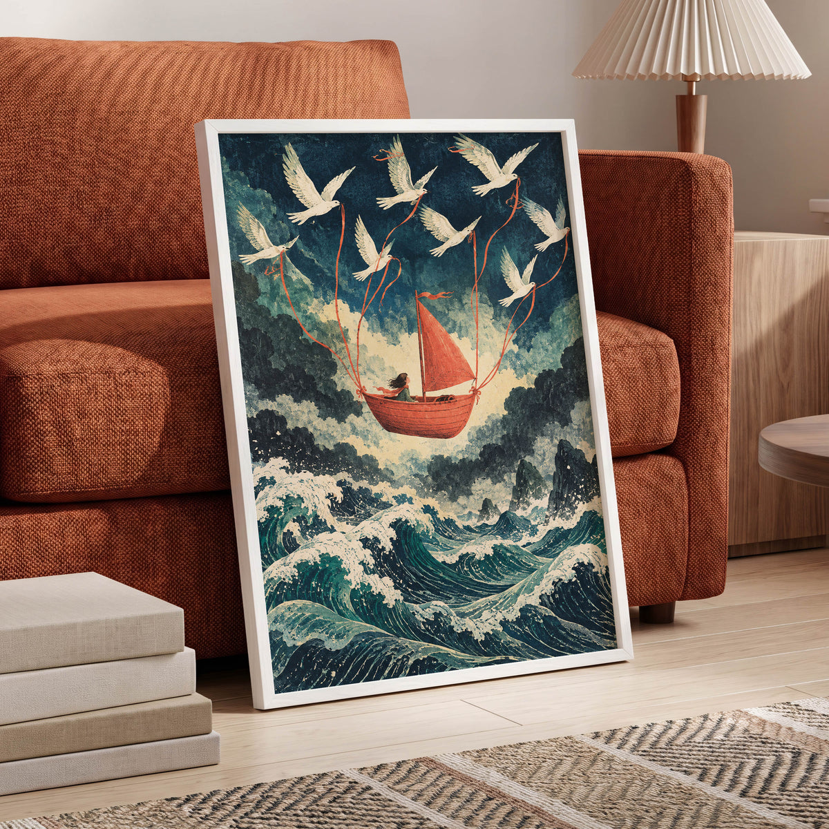 Above the Restless Sea, blue, green, red nature wall art displayed in a styled interior, gallery view 6