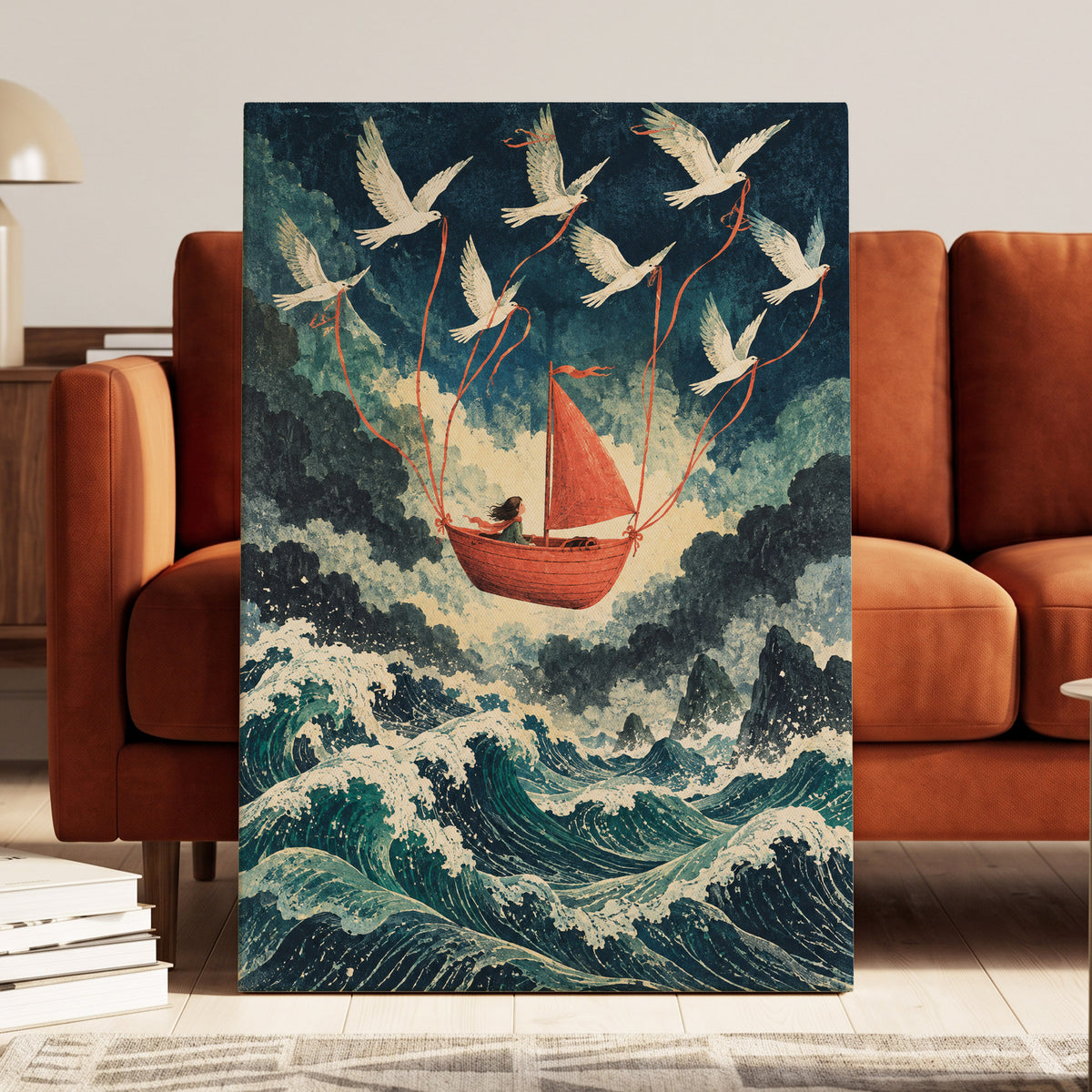 Above the Restless Sea, blue, green, red nature wall art displayed in a styled interior, gallery view 7