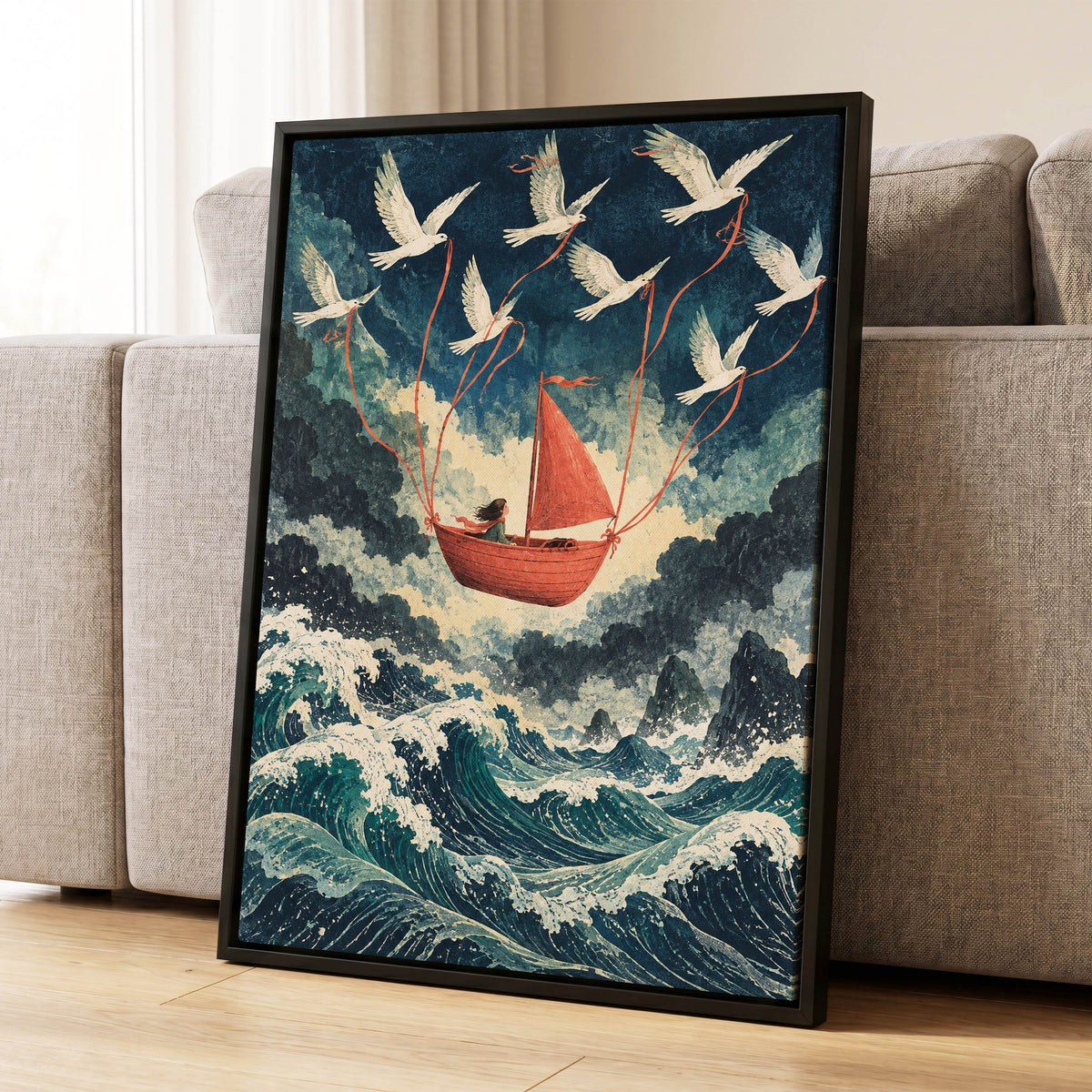 Above the Restless Sea, blue, green, red nature wall art displayed in a styled interior, gallery view 8