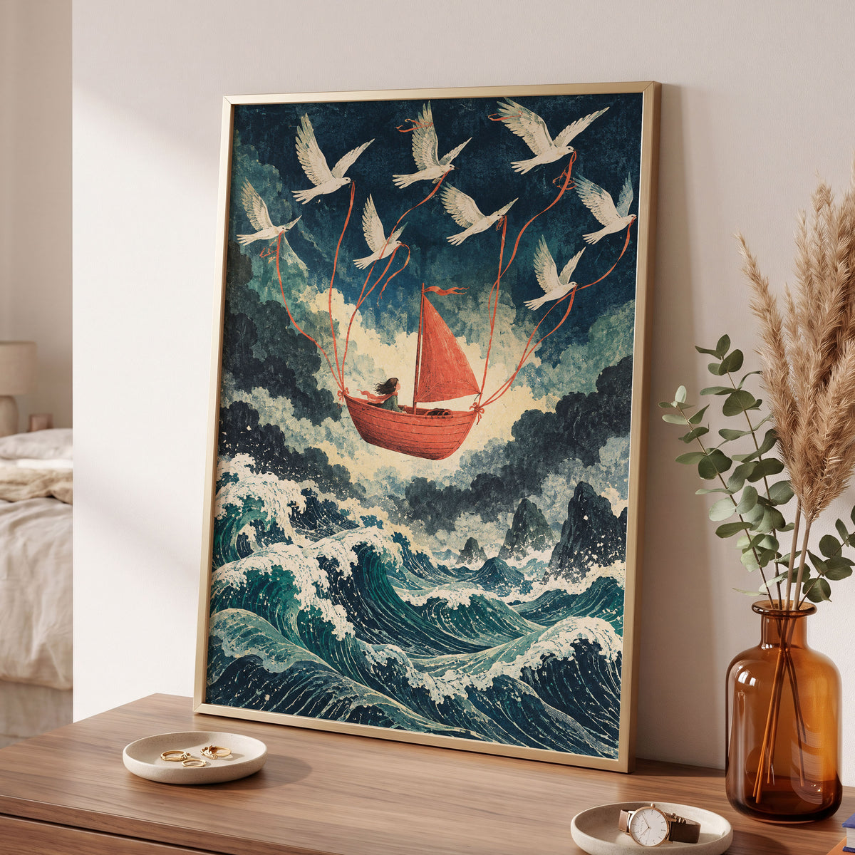 Above the Restless Sea, blue, green, red nature wall art displayed in a styled interior, gallery view 9