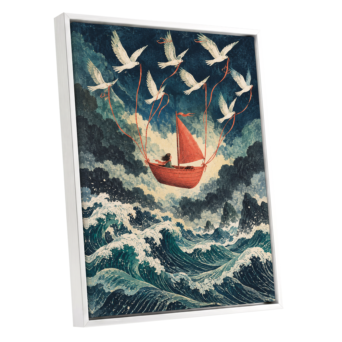 Above the Restless Sea, blue, green, red nature wall art shown as a white framed canvas wall art