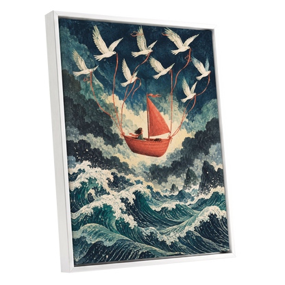 Above the Restless Sea, blue, green, red nature wall art shown as a white framed canvas wall art