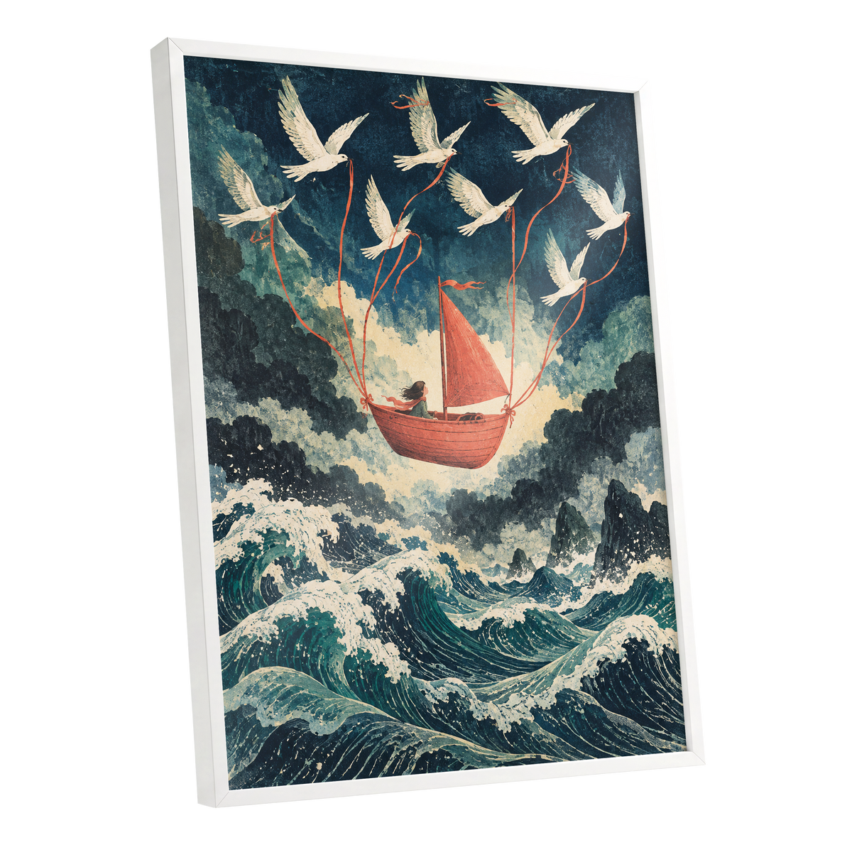 Above the Restless Sea, blue, green, red nature wall art shown as a white framed poster wall art print