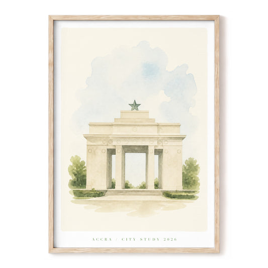 Accra Monument Study, beige, blue, green minimalist wall art, front artwork view