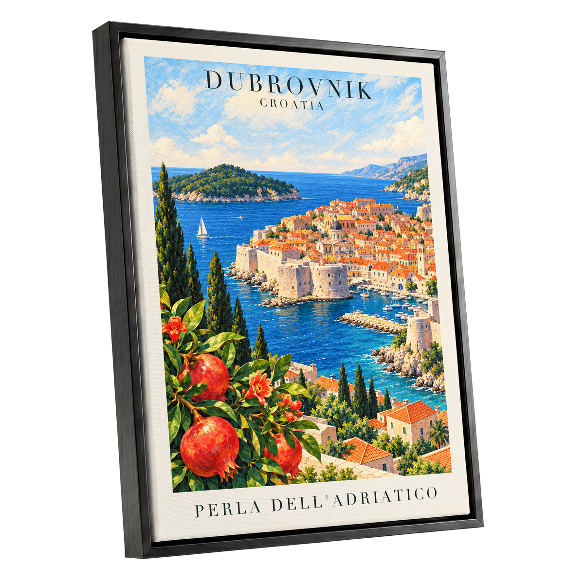 Adriatic Orchard, blue, green, beige nature wall art shown as a black framed canvas wall art