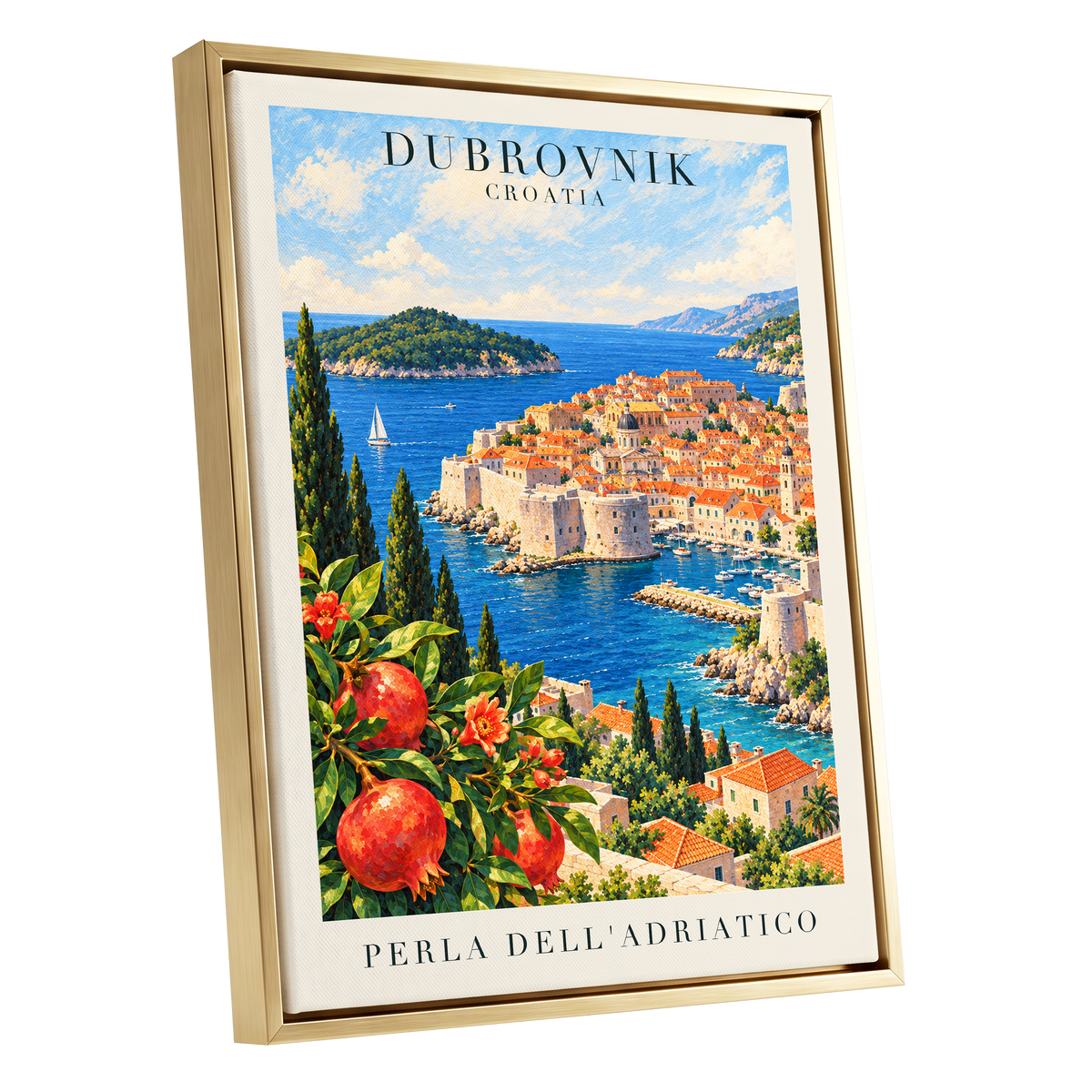 Adriatic Orchard, blue, green, beige nature wall art shown as a gold framed canvas wall art