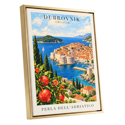 Adriatic Orchard, blue, green, beige nature wall art shown as a gold framed canvas wall art