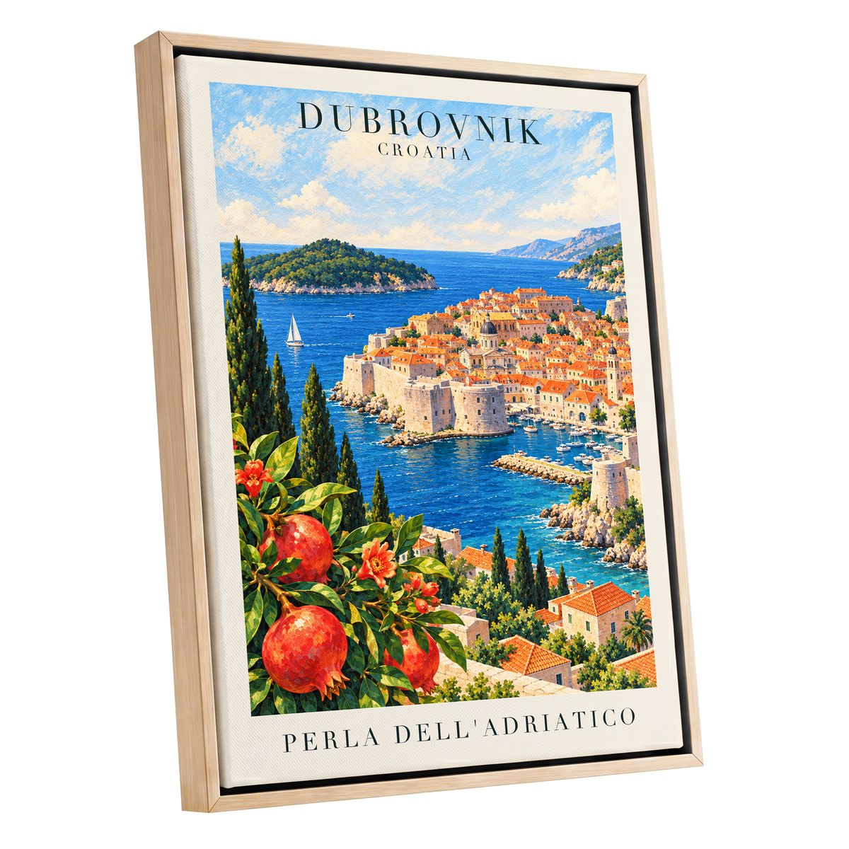 Adriatic Orchard, blue, green, beige nature wall art shown as a oak framed canvas wall art