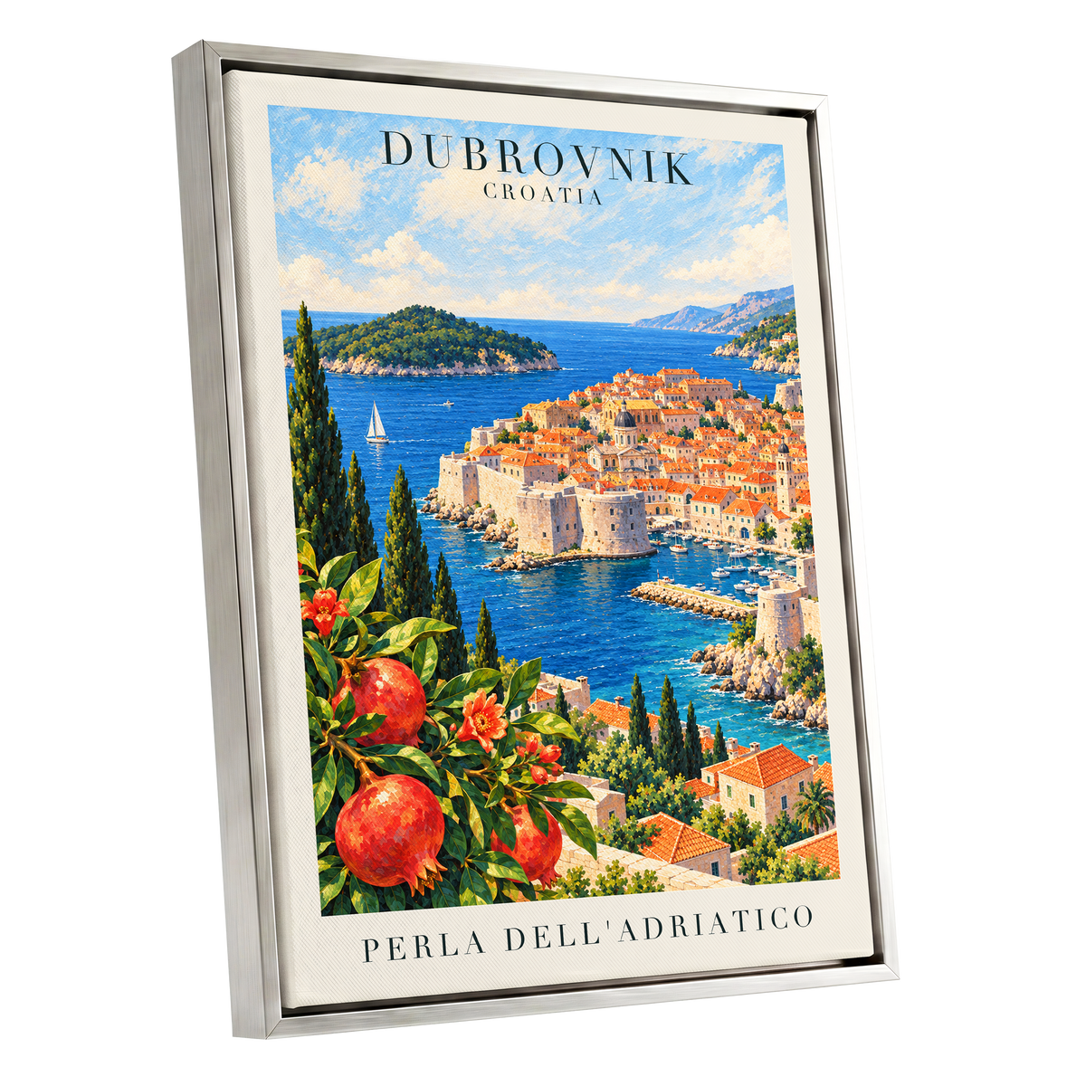 Adriatic Orchard, blue, green, beige nature wall art shown as a silver framed canvas wall art