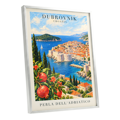 Adriatic Orchard, blue, green, beige nature wall art shown as a silver framed poster wall art print