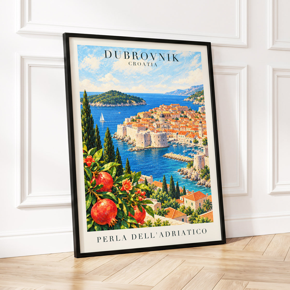 Adriatic Orchard, blue, green, beige nature wall art displayed in a styled interior, gallery view 2