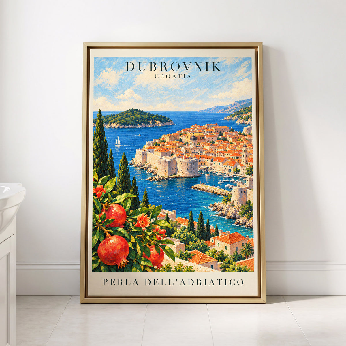 Adriatic Orchard, blue, green, beige nature wall art displayed in a styled interior, gallery view 8