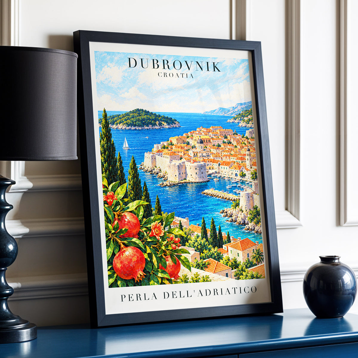 Adriatic Orchard, blue, green, beige nature wall art displayed in a styled interior, gallery view 9