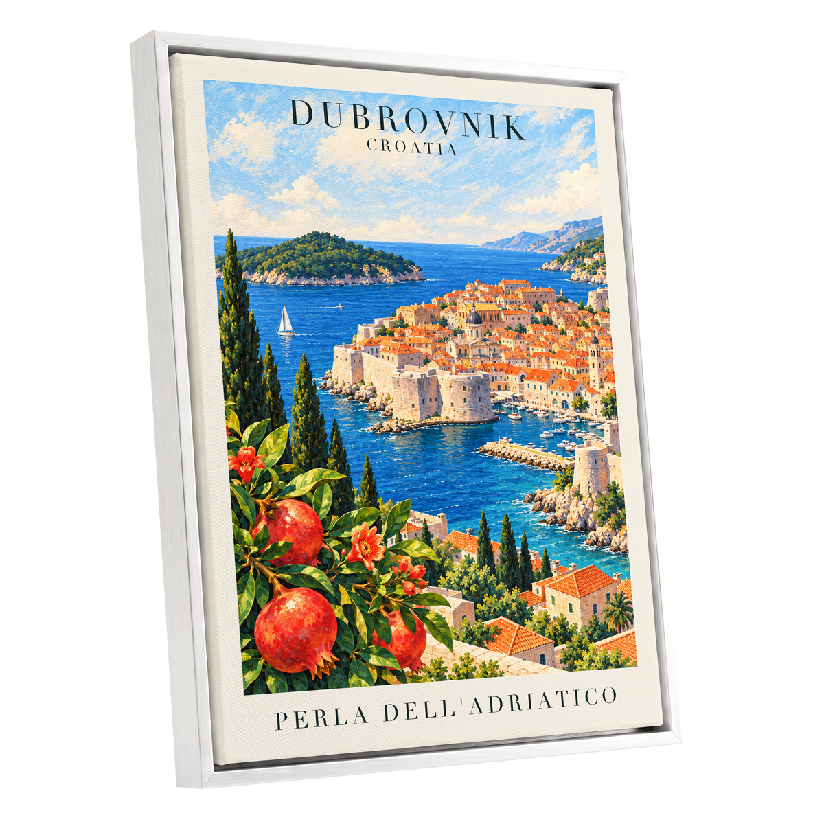 Adriatic Orchard, blue, green, beige nature wall art shown as a white framed canvas wall art