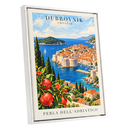 Adriatic Orchard, blue, green, beige nature wall art shown as a white framed canvas wall art