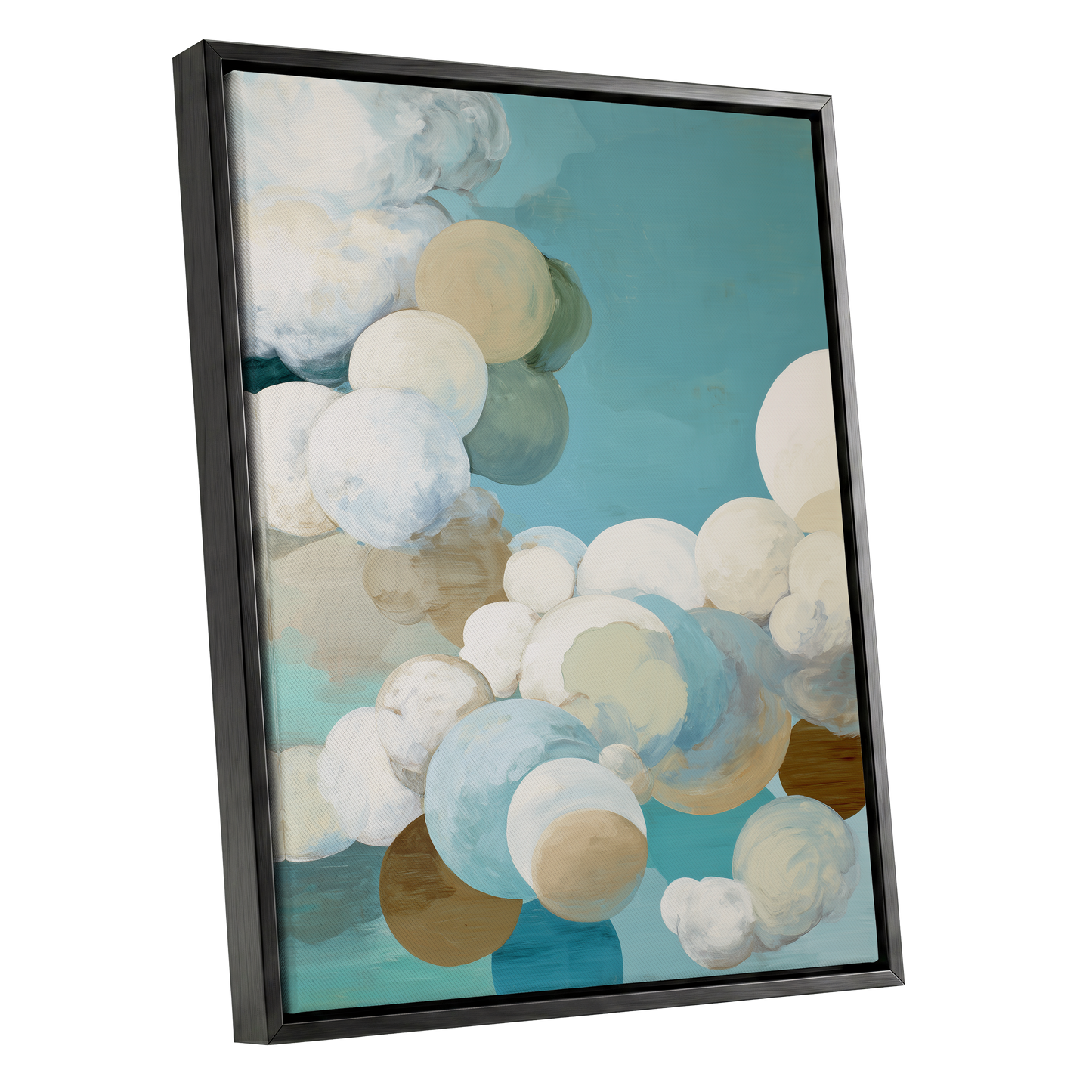 Aerial Drift, blue, white, beige abstract wall art shown as a black framed canvas wall art