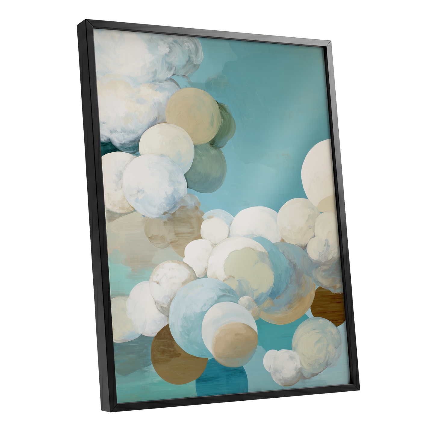 Aerial Drift, blue, white, beige abstract wall art shown as a black framed poster wall art print