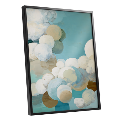 Aerial Drift, blue, white, beige abstract wall art shown as a black framed poster wall art print