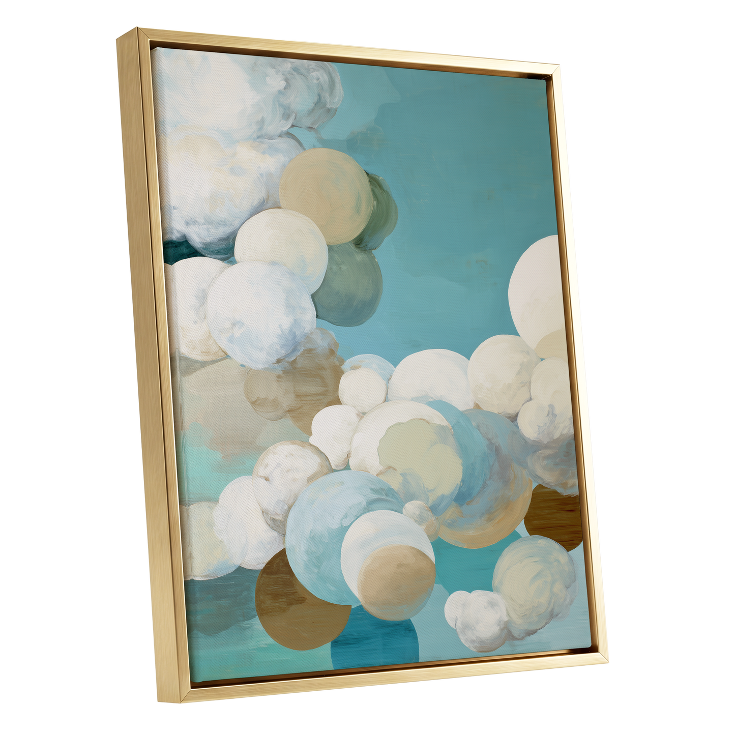 Aerial Drift, blue, white, beige abstract wall art shown as a gold framed canvas wall art