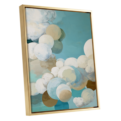 Aerial Drift, blue, white, beige abstract wall art shown as a gold framed canvas wall art