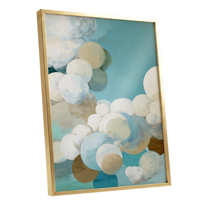 Aerial Drift, blue, white, beige abstract wall art shown as a gold framed poster wall art print