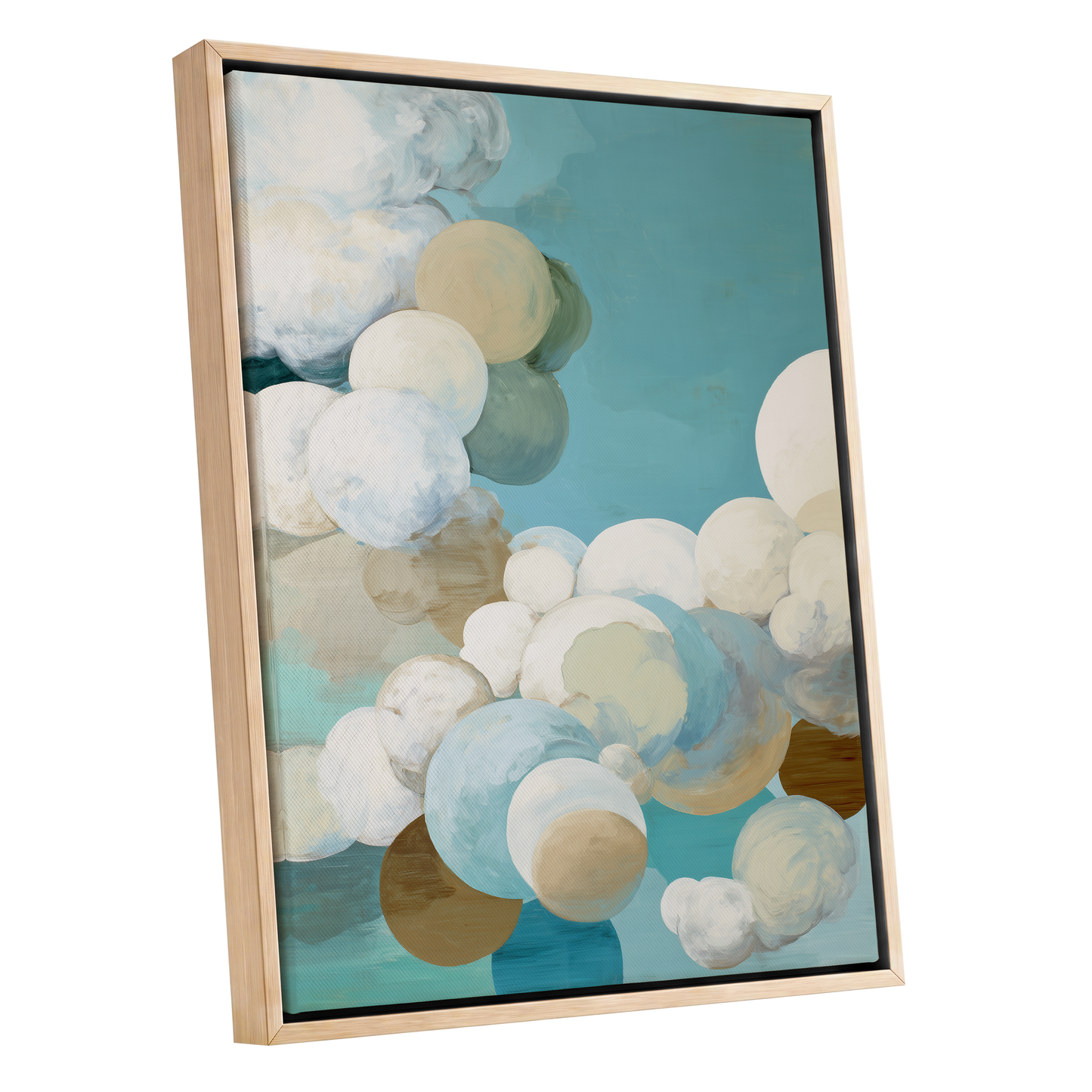 Aerial Drift, blue, white, beige abstract wall art shown as a oak framed canvas wall art