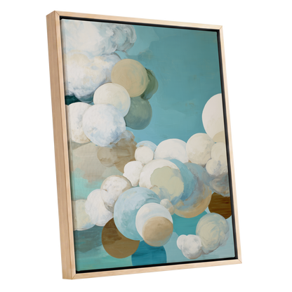 Aerial Drift, blue, white, beige abstract wall art shown as a oak framed canvas wall art