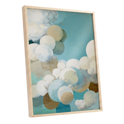 Aerial Drift, blue, white, beige abstract wall art shown as a oak framed poster wall art print