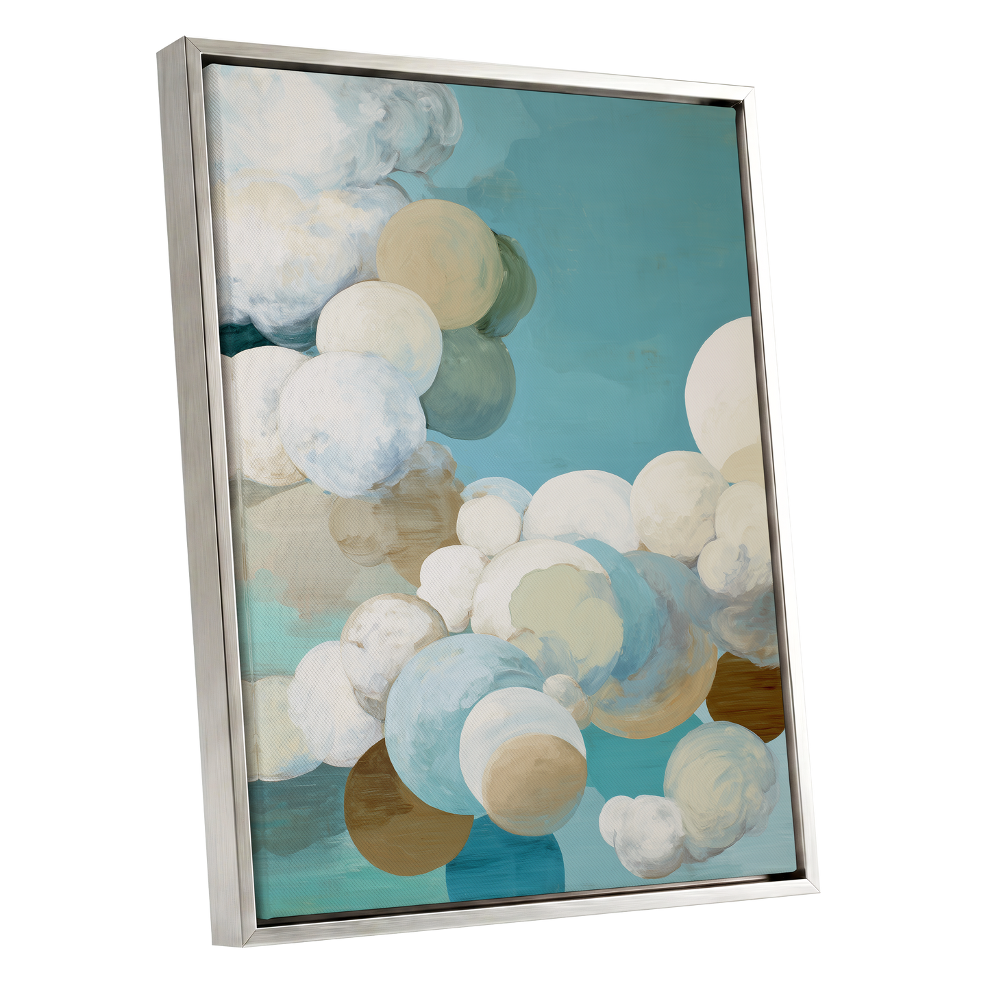 Aerial Drift, blue, white, beige abstract wall art shown as a silver framed canvas wall art