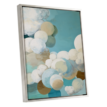 Aerial Drift, blue, white, beige abstract wall art shown as a silver framed canvas wall art