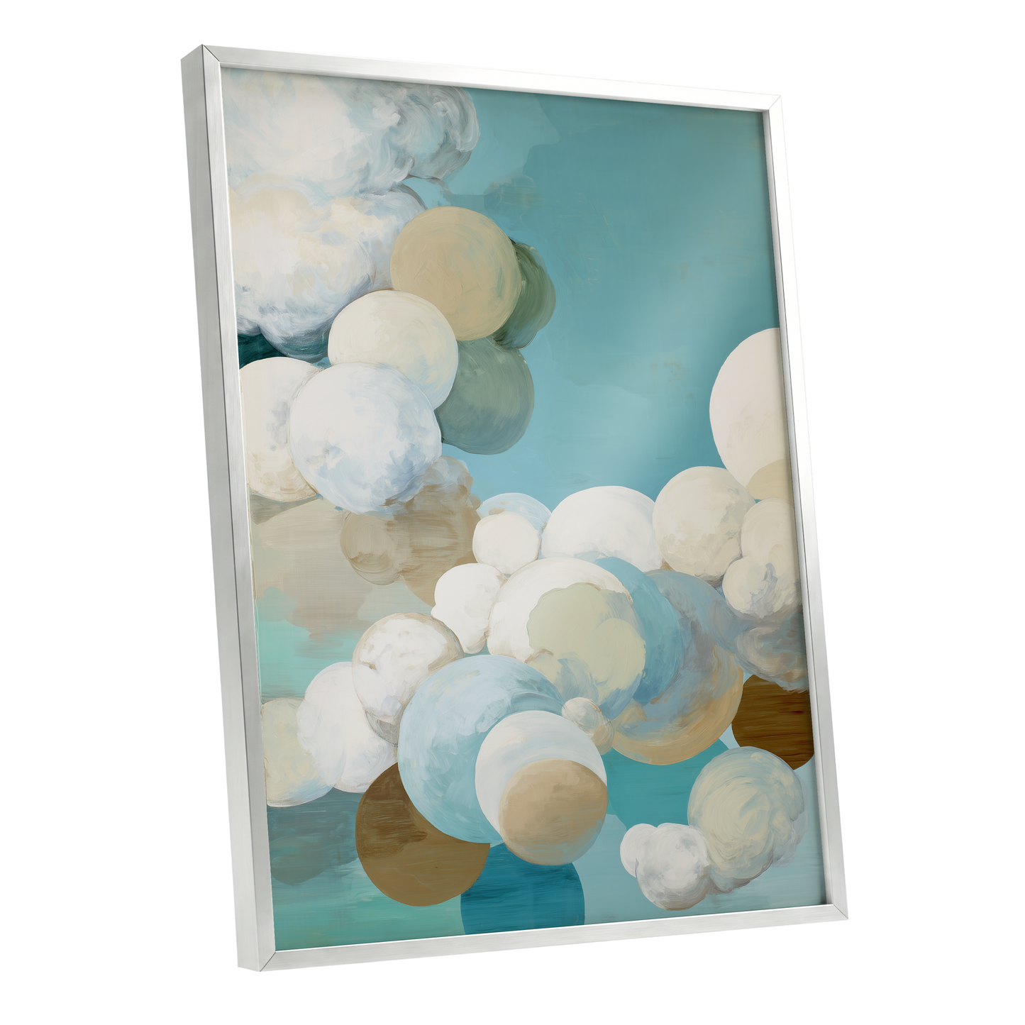 Aerial Drift, blue, white, beige abstract wall art shown as a silver framed poster wall art print