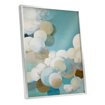 Aerial Drift, blue, white, beige abstract wall art shown as a silver framed poster wall art print
