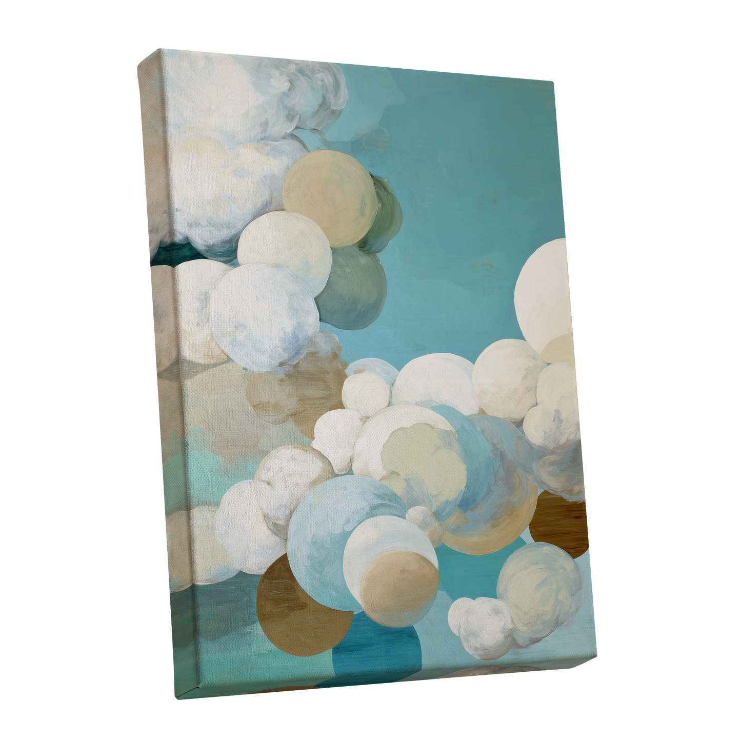 Aerial Drift, blue, white, beige abstract wall art shown as a stretched canvas wall art