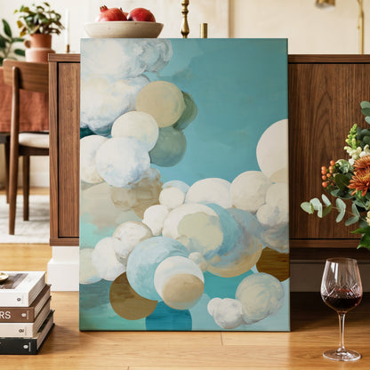 Aerial Drift, blue, white, beige abstract wall art displayed in a styled interior, gallery view 3