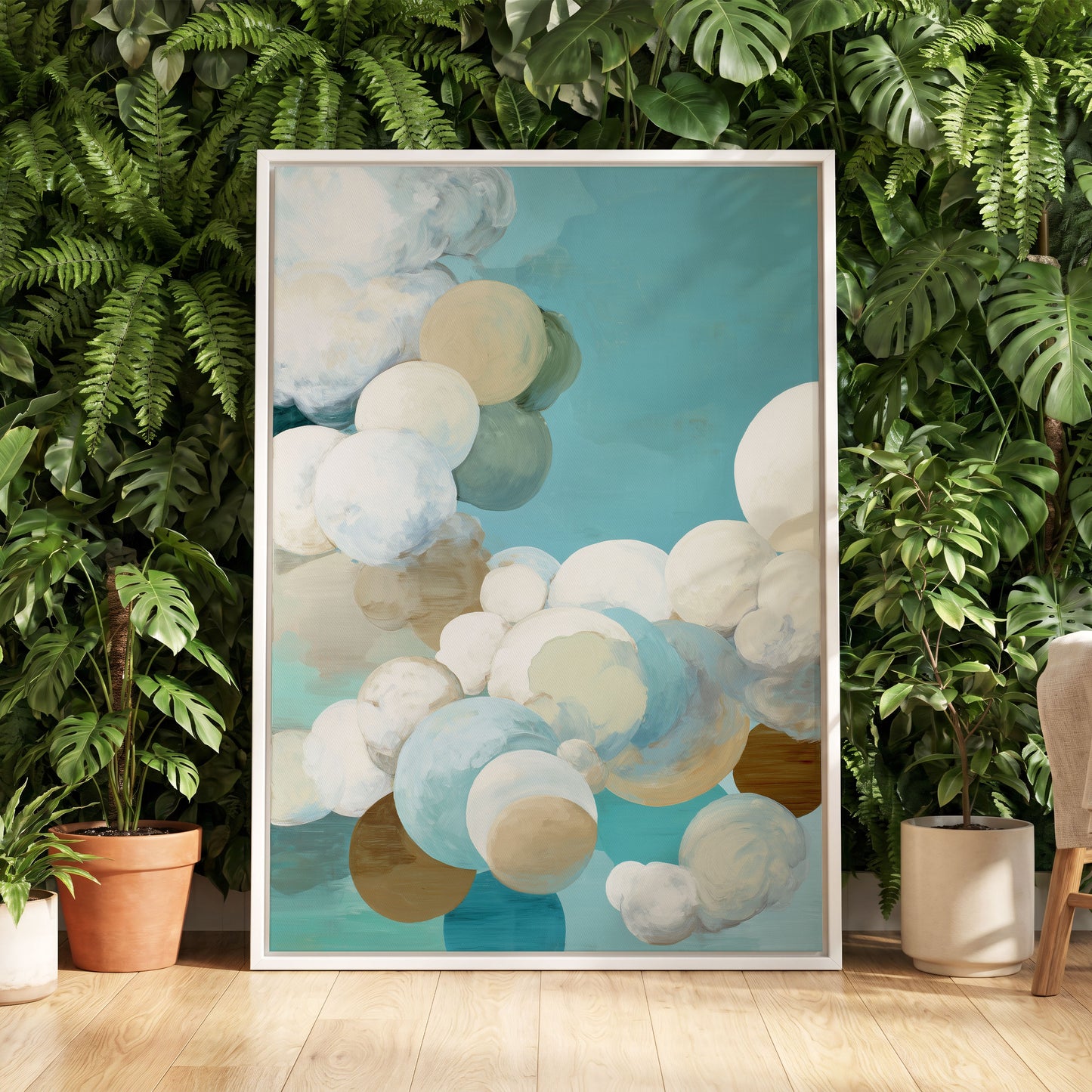 Aerial Drift, blue, white, beige abstract wall art displayed in a styled interior, gallery view 4