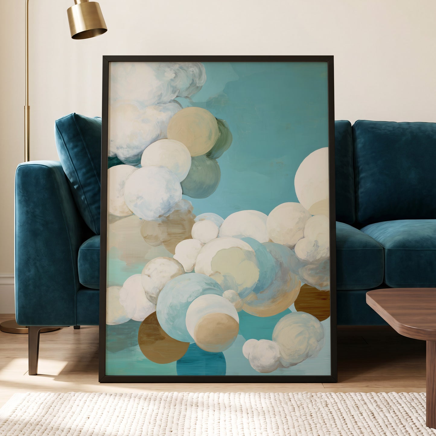 Aerial Drift, blue, white, beige abstract wall art displayed in a styled interior, gallery view 6