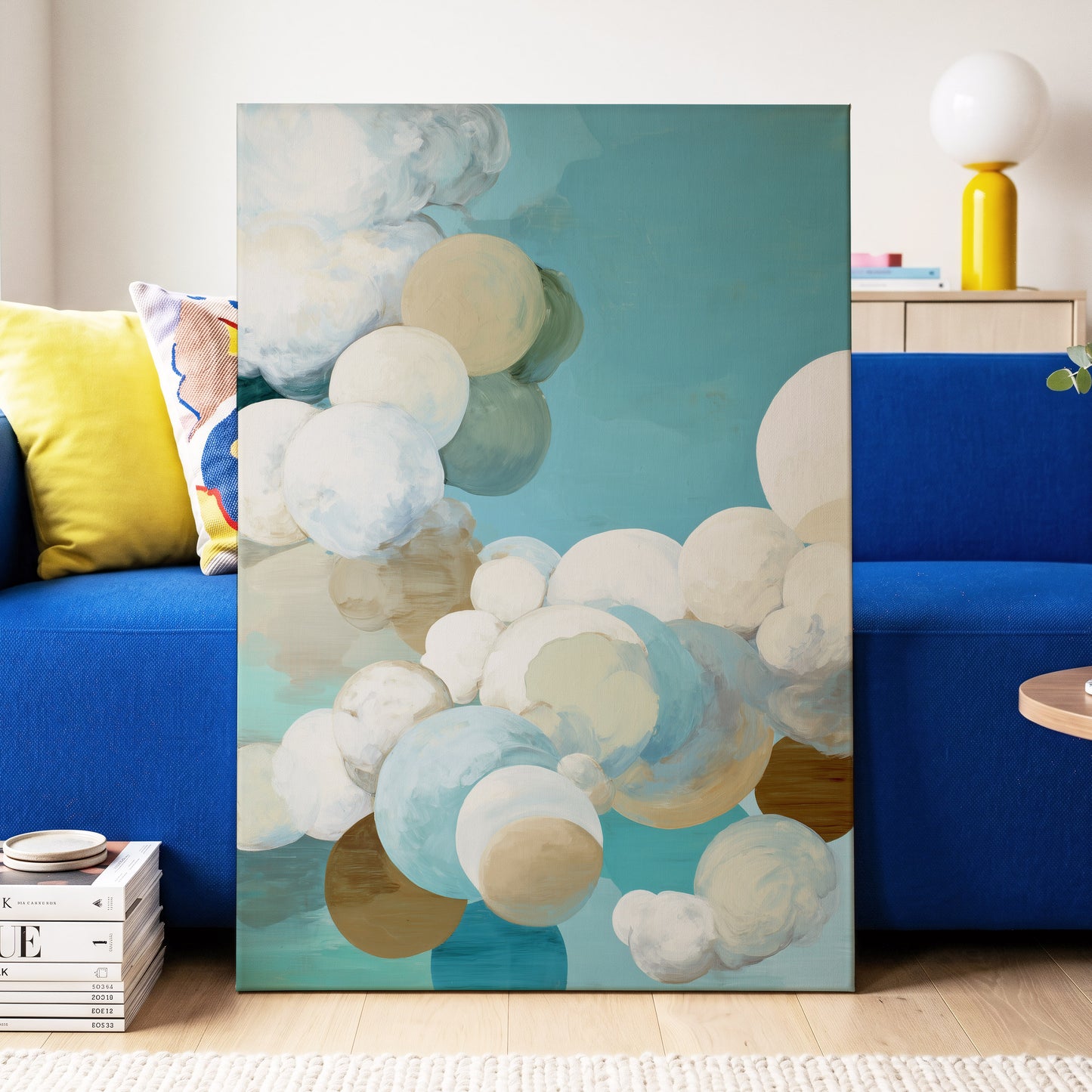 Aerial Drift, blue, white, beige abstract wall art displayed in a styled interior, gallery view 7