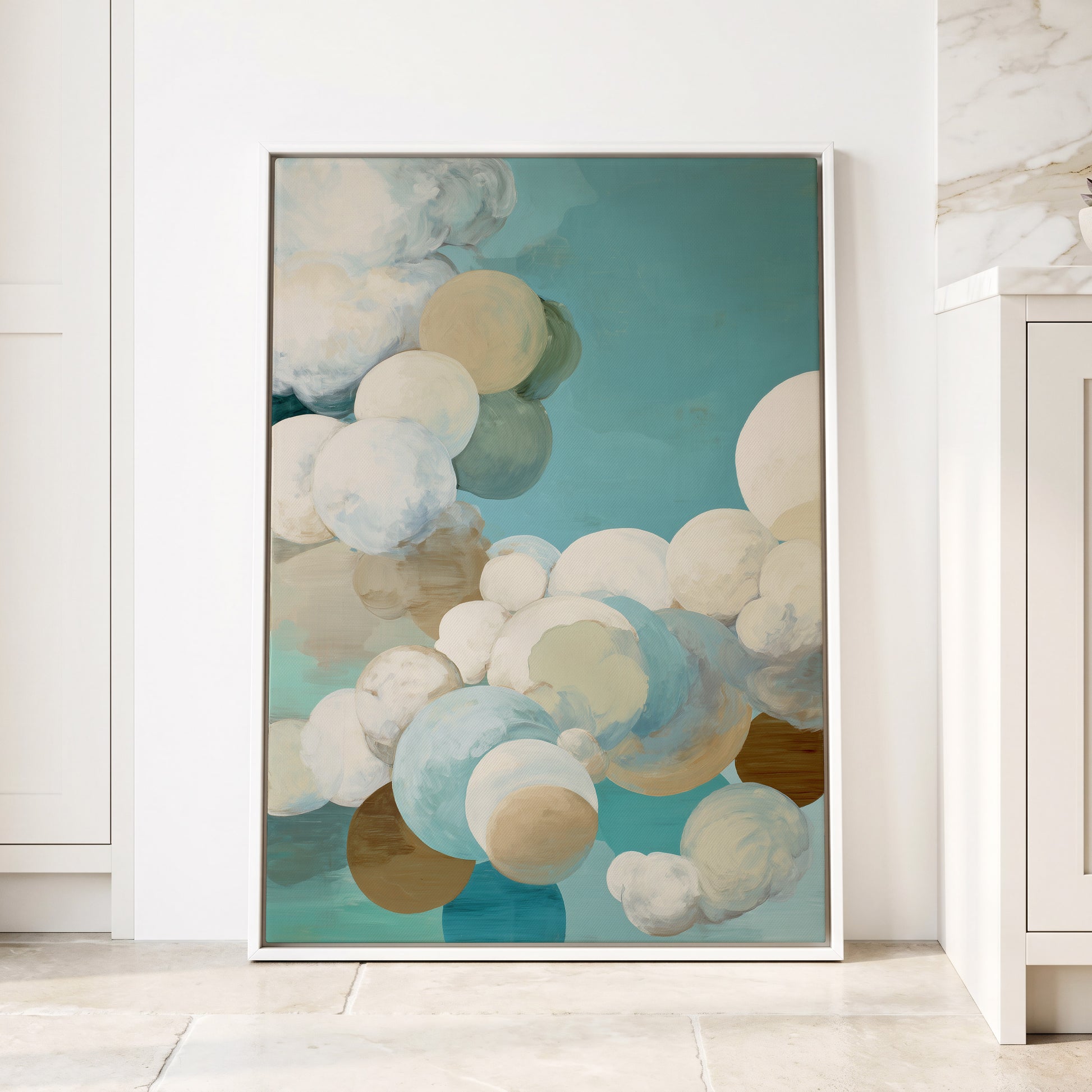 Aerial Drift, blue, white, beige abstract wall art displayed in a styled interior, gallery view 8