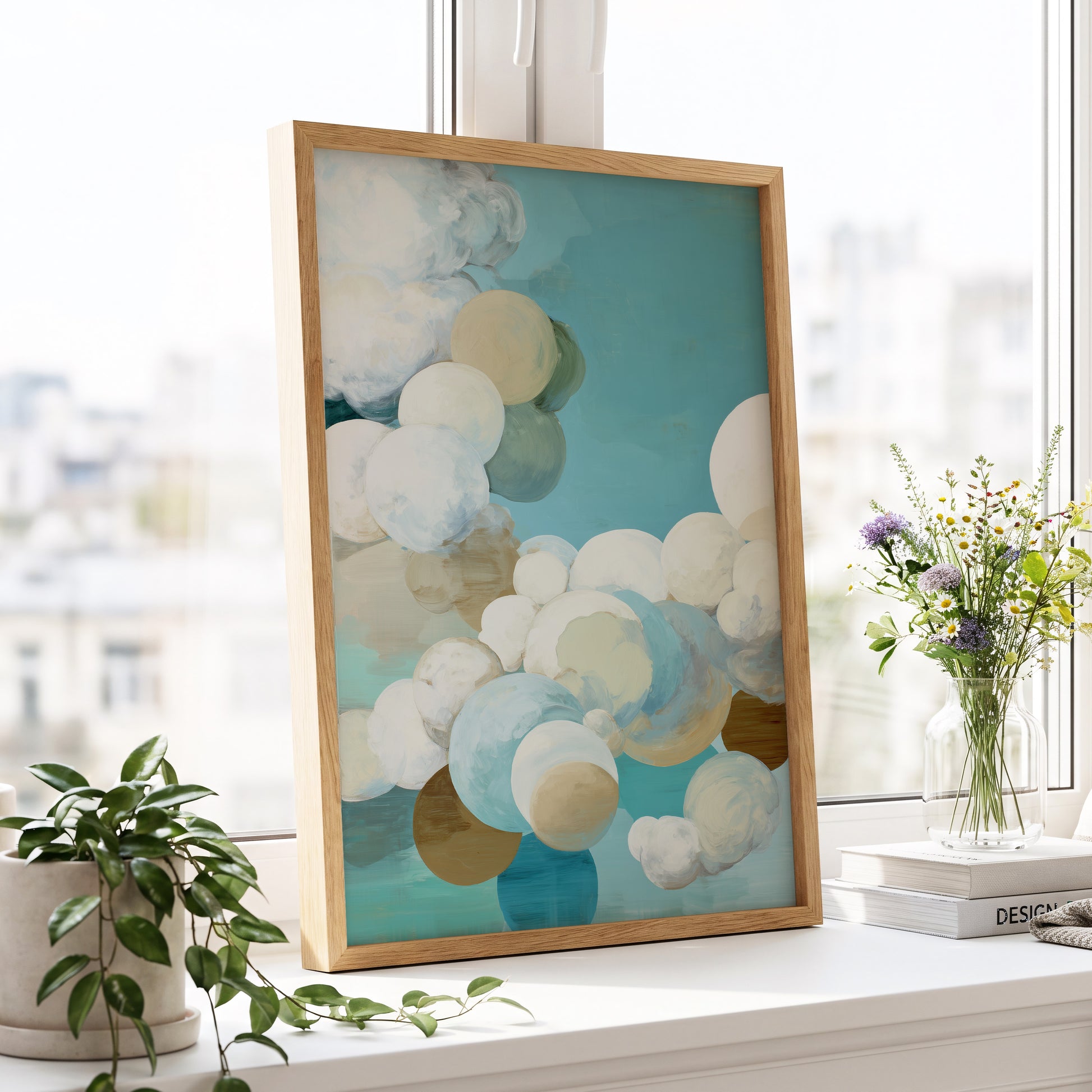 Aerial Drift, blue, white, beige abstract wall art displayed in a styled interior, gallery view 9