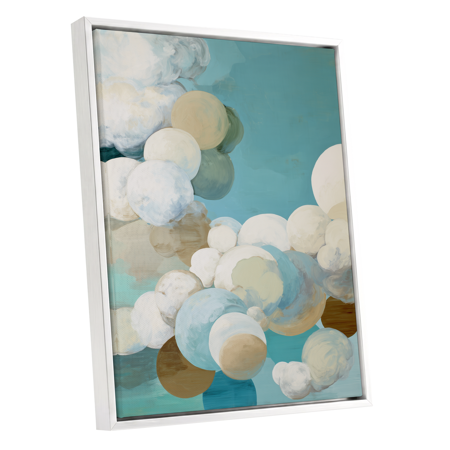 Aerial Drift, blue, white, beige abstract wall art shown as a white framed canvas wall art