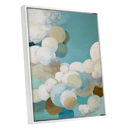 Aerial Drift, blue, white, beige abstract wall art shown as a white framed canvas wall art