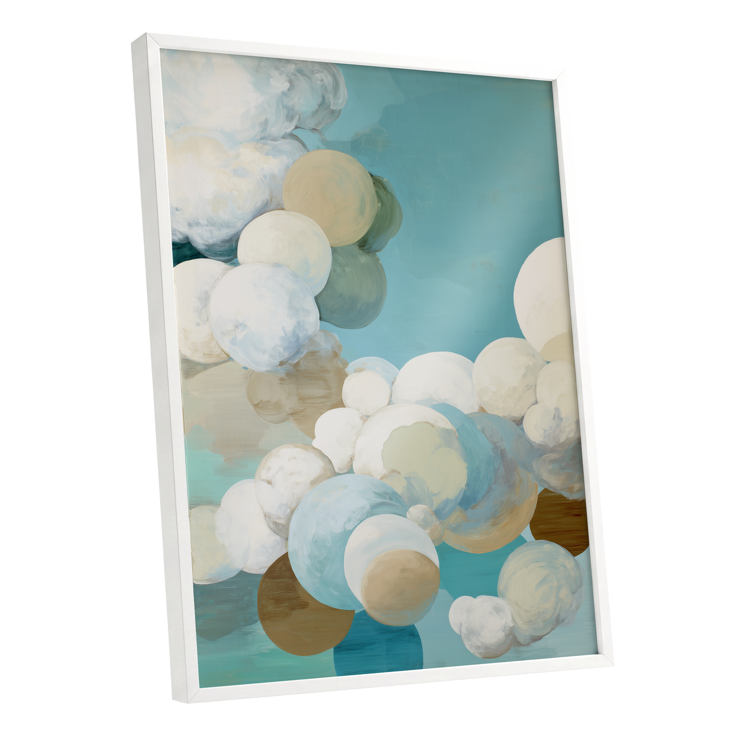 Aerial Drift, blue, white, beige abstract wall art shown as a white framed poster wall art print
