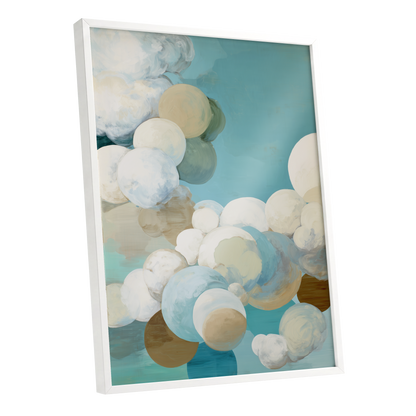 Aerial Drift, blue, white, beige abstract wall art shown as a white framed poster wall art print